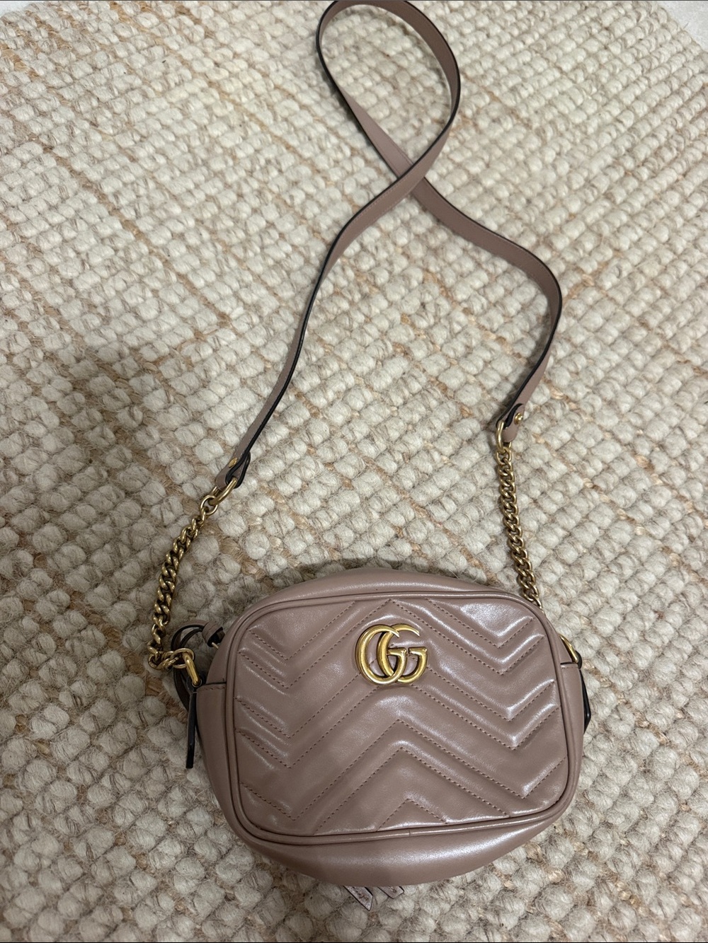 Gucci Pink-Taupe Chevron Quilted Leather Crossbody with Gold GG